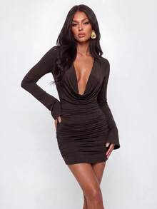 Avantive Women's Solid Color Deep V-Neck Casual Party Mini Dress - Coffee - View 3