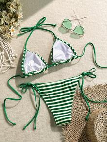 Swim Mod Women's Summer Beach Striped Halter Tie Sexy Bikini Swimsuit Set Beachwear Mint Green - Green - View 2