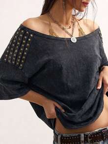 Bohemela Summer/Fall, Casual Black Knit Loose Washed Women's Tee With Studded Detail, Daily Wear, Concert Party & Going Out, Back To School - Black - View 1