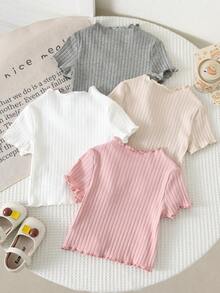 SHEIN LMoss Kids 4件裝少女夏季可愛羅紋純色荷葉邊短袖上衣，夏季上衣 - 彩色 - 查看 3