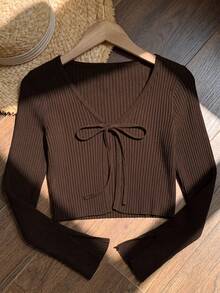 Comfortcana Casual Versatile Solid Color Tie-Front Knit Cardigan - Brown - View 9