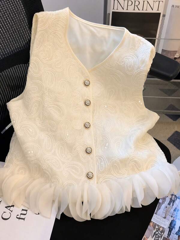 GlowEve CURVE Plus Size Spring/Summer French Style Cream White Sequin Embroidered Vest For Women, V-Neck, Gold Buttons, Mesh Ruffle Hem