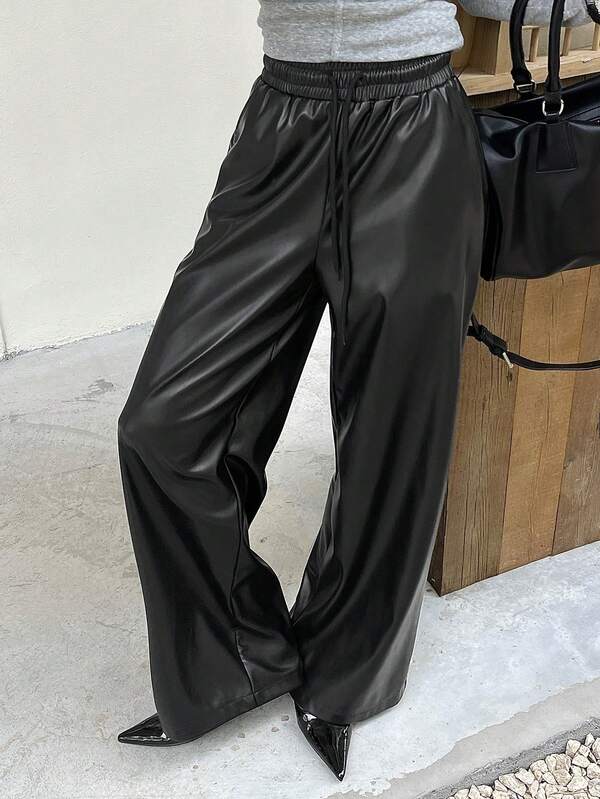 DAZY Women's Loose Casual Black PU Long Pants, Autumn/Winter