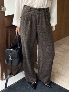 DAZY Autumn/Winter Straight Leg Loose Plaid Wool Fabric Commuter Style Women's Wide Leg Pants - Brown - View 9