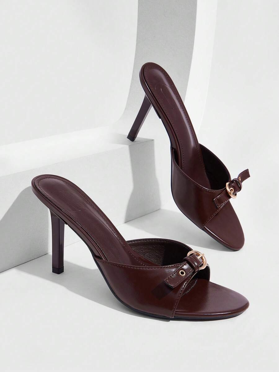 CUCCOO SZL 9CM Women's PU Brown High Heel Sandals, Kitten Heel Round Buckle Comfortable Versatile Daily Commute Vacation Party High Heels - Rust Brown - View 1