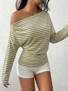 SHEIN EZwear 女款黃灰色條紋針織不對稱肩薄款運動衫，適合初秋，百搭 - 彩色 - 查看 5