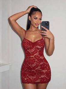 Amplova Ruched Lace Cup Backless Criss-Cross Tie Strap Dress - Burgundy - View 4