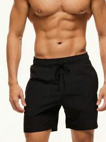 Palasendo Men's Solid Color Casual Beach Shorts, Holiday - Black - View 5