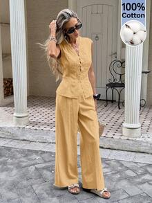 Serisse Women's Contrast Lace Single-Breasted Vest And Pants Casual Two Pieces Set - Yellow - View 4