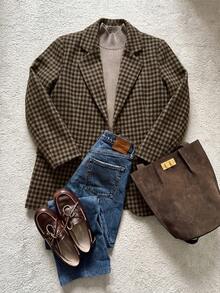 SHEIN New Women's Casual Commute Vintage Plaid Loose Blazer Jacket - Khaki - View 5