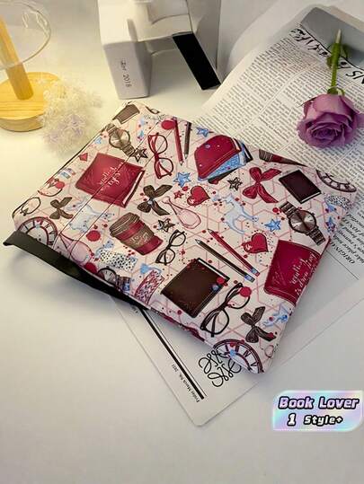 1PC Washable Multifunctional Zippered Book Cover Sleeve Vintage Book Coffee Cup Print Girly Stationery Glasses Bow Watch Heart Pattern Portable Protective Storage Bag For Students Teachers Book Lovers