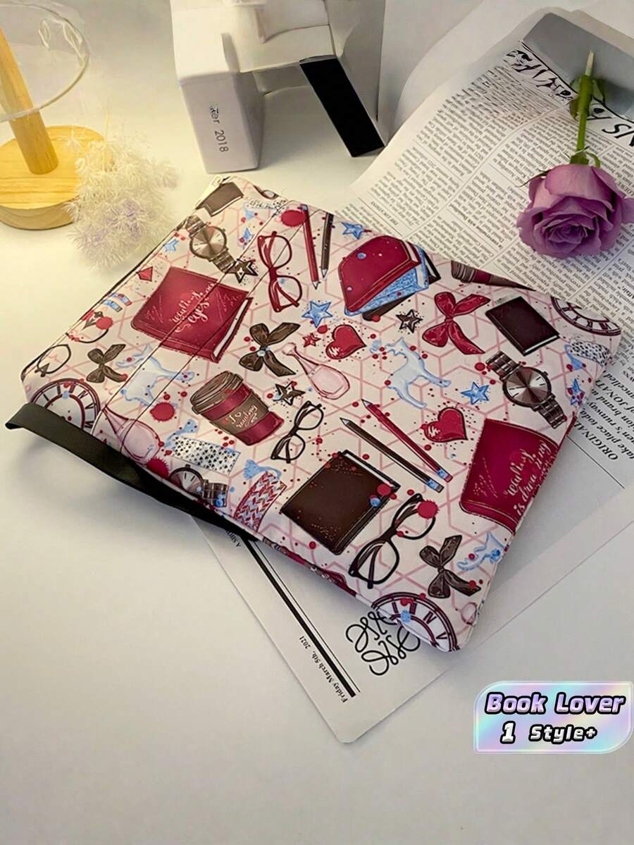 1PC Washable Multifunctional Zippered Book Cover Sleeve Vintage Book Coffee Cup Print Girly Stationery Glasses Bow Watch Heart Pattern Portable Protective Storage Bag For Students Teachers Book Lovers - Single Piece - View 1