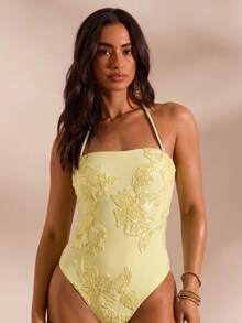 Opulessa Solid Color Knit Fitted Halter Neck One-Piece Swimsuit For Women Bathing Suit - Light Yellow - View 7
