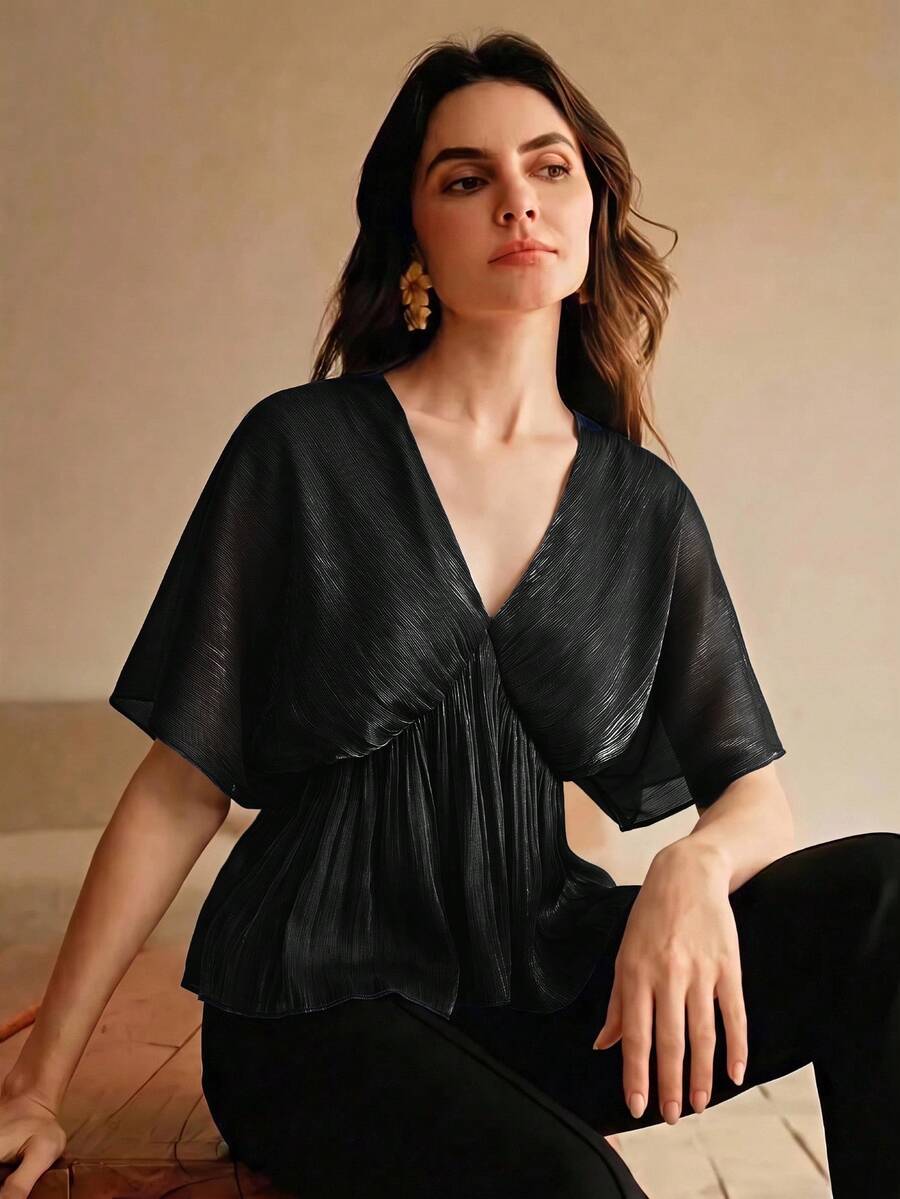 Anewsta Essential Blus Pendek Wanita Ukuran Standar Berkualitas Tinggi Terbaru untuk Musim Semi/Panas, Model Elegan, Leher V, Lengan Kelelawar, Potongan Longgar, Pinggang Ramping, Cocok untuk Perjalanan dan Kencan - Hitam - View 1
