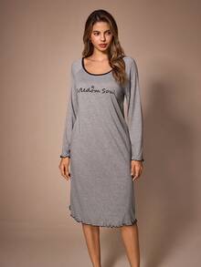 Lazeform Casual Women's Letter Print Contrast Trim Raglan Sleeve Long Sleeve Loungewear Dress - Grey - View 5