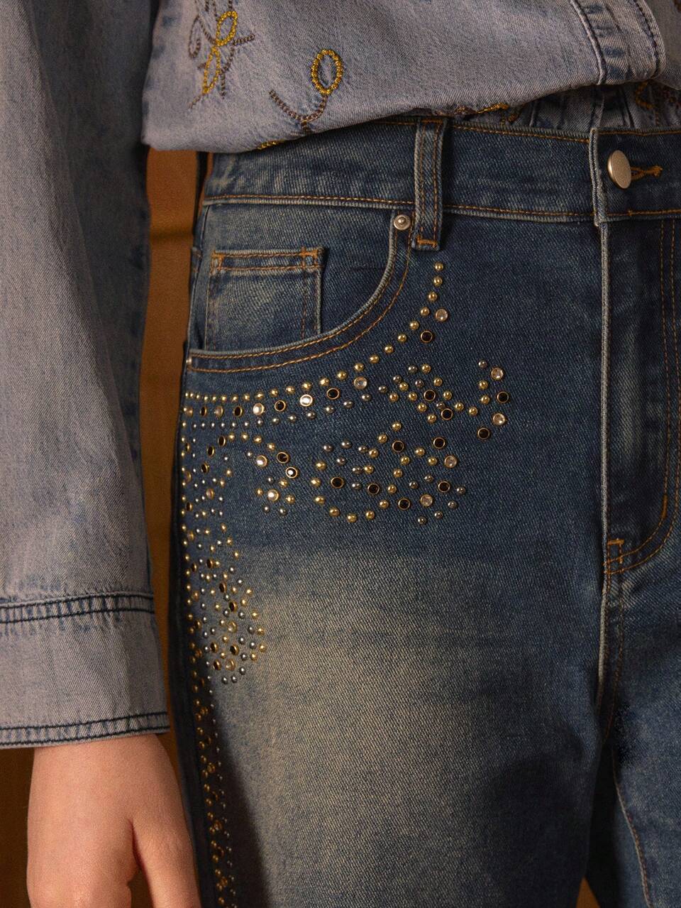 MOTF STUDIO Jeans acampanados de mujer estilo vintage casual de vacaciones con decoración de strass y lavado