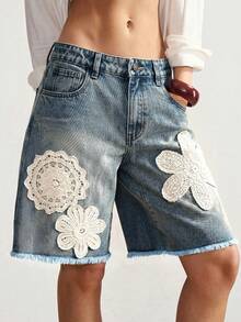 Bohemela Casual Solid Color Applique Vintage Denim Shorts For Women - Medium Wash - View 8