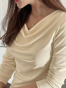 DAZY 女式荷叶边领纯色长袖T恤，优雅，秋季女装 - 杏色 - 查看 5