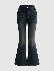 ROMWE Grunge Punk Women's Summer Outfits Punk Hot Girl Style Versatile Retro Pattern Embroidered Slim Fit Flare Jeans Light Blue - Dark Wash - View 2