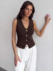 Aloruh Women's Solid Color Metal Single-Breasted Casual Elegant Versatile Daily Office Knit Top Dark Brown Autumn - Mocha Brown - View 7