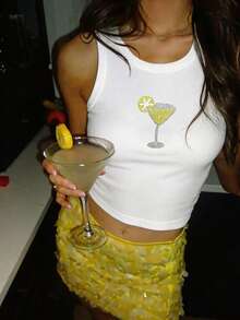 SHEIN Women's Fashion Rhinestone Cocktail Glass Pattern Round Neck Tank Top - White - View 3