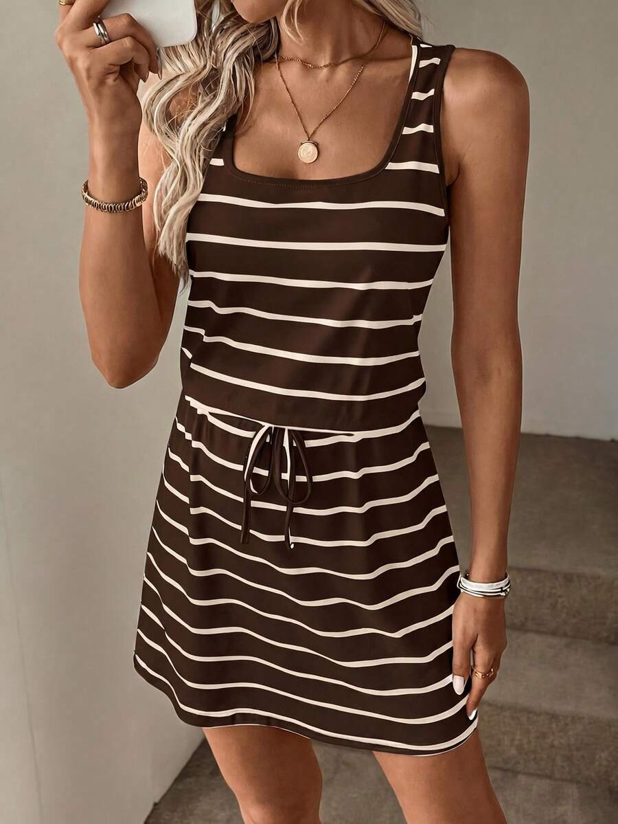 SHEIN LUNE Summer/ Women's U-Neck Sleeveless Waist-Cinched Drawstring Fashion Striped Print Casual Vacation Tank Dress Picnic Travel Brown Striped - Brown - View 1