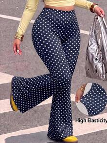 Muchica Plus Size Street Fashion Polka Dot Print Flared Pants For Vacation Vacation Navy Blue Summer 2000s 90s - Navy Blue - View 2