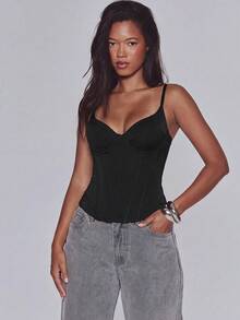MUSERA Black Corset Detail Top Summer Fall Winter Day Outfit Womens Outfit - Black - View 1