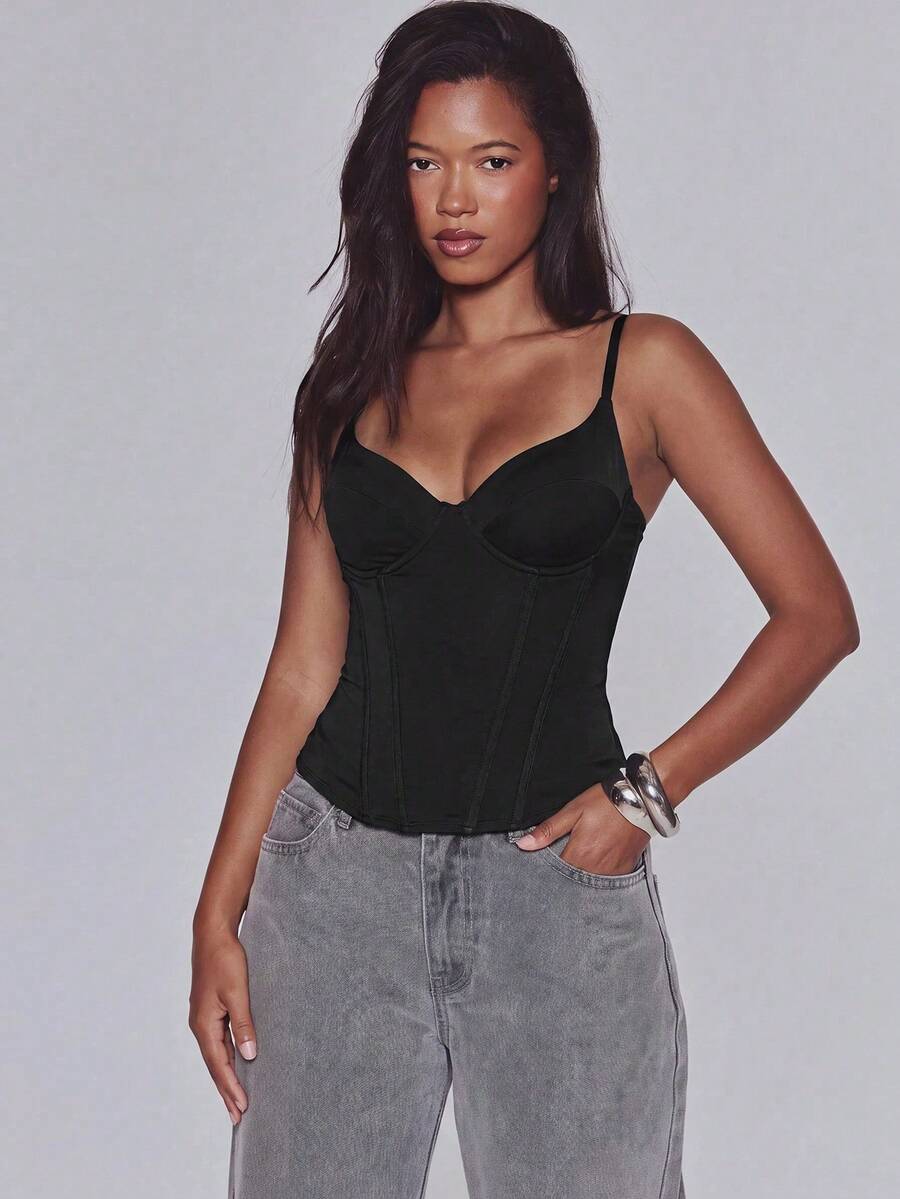 MUSERA Black Corset Detail Top Summer Fall Winter Day Outfit Womens Outfit - Black - View 1