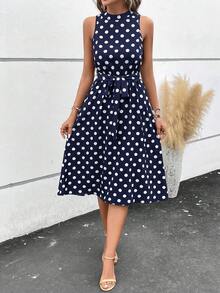 SHEIN Clasi 女款波點印花立領休閒復古法式優雅無袖洋裝，日常日穿海軍藍夏季早午餐下午茶茶會適用 - 藏蓝色 - 查看 4