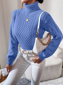 EURMUSE Women's Casual Everyday Commute Solid Color High Neck Cable Knit Pullover Sweater, Autumn/Winter - Baby Blue - View 3