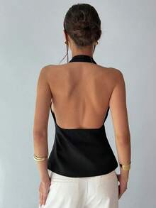 DAZY Solid Color Metal Buckle Fitted Halter Backless Elegant Casual Sexy Autumn Tank Top Vest For Women Vacation Formal Office Black - Black - View 4