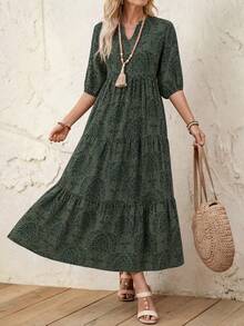 SHEIN LUNE 女款春夏休閒中長洋裝，小V領、中袖、拼色拼接設計 - 墨綠色 - 查看 1
