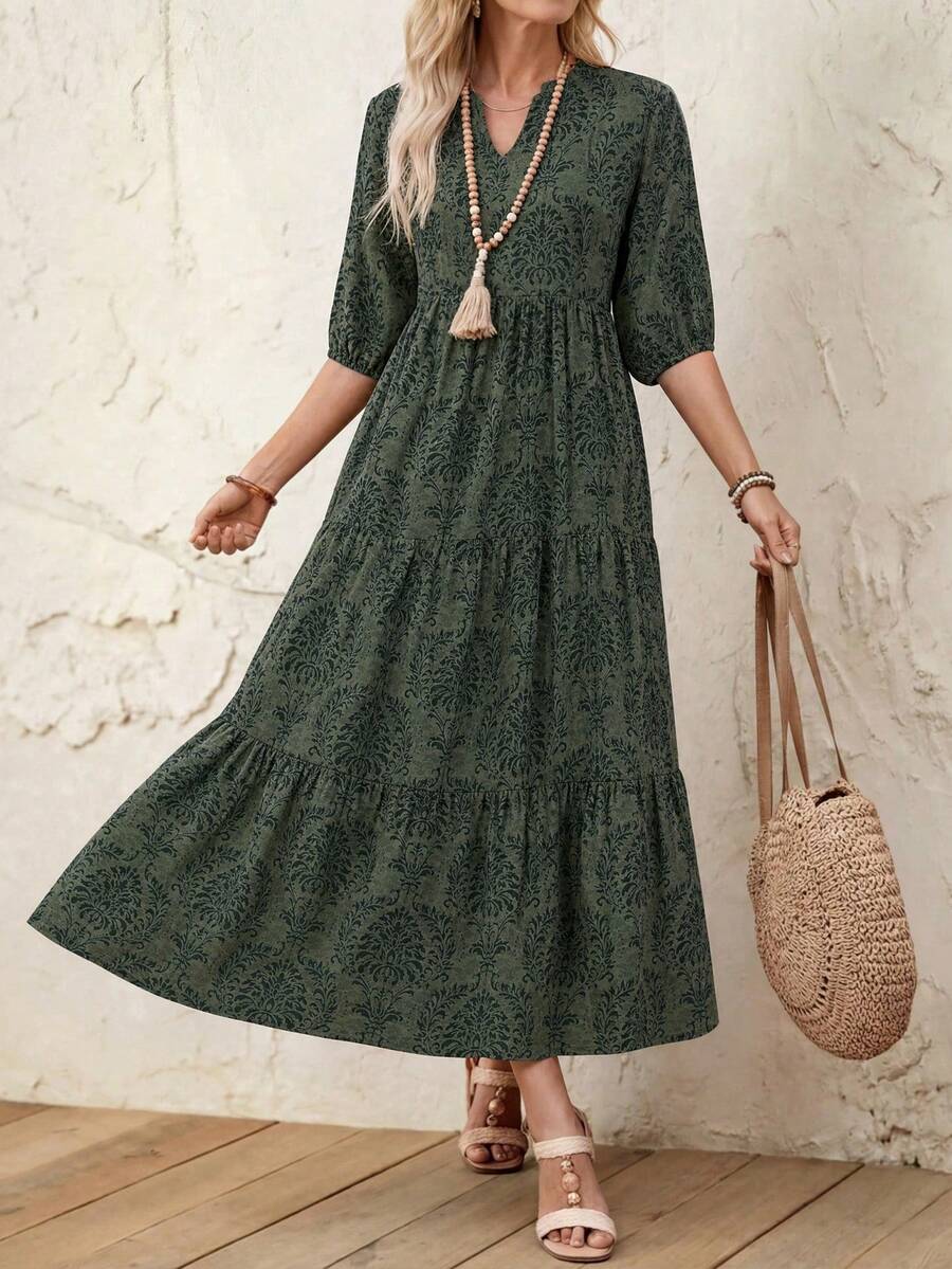 SHEIN LUNE 女款春夏休閒中長洋裝,小V領、中袖、拼色拼接設計 - 墨綠色 - 查看 1