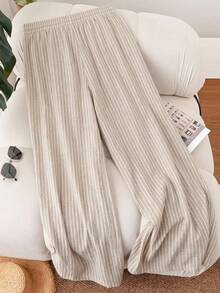 CosyJoli Women's Plus Size Loose Striped Textured Fabric Pants With Pockets, Suitable For Spring And Summer - Khaki - View 2