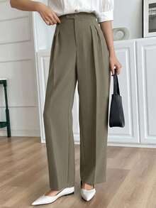 DAZY 女款百褶設計商務休閒正身長褲 秋季 - 卡其色 - 查看 6