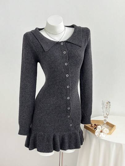 Elamini Minimalist Sweet Women's Autumn/Winter Grey Open Shoulder Button Fitted Knit Sweater Dress