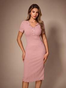 Lazeform Women's Home Dress, Fashionable & Comfortable Bow Decor, Wearable Sleepwear - Pink - View 2
