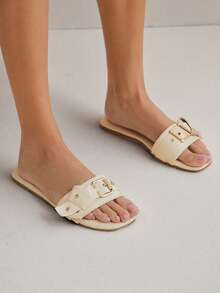SHUZIA Women's Fashionable Comfortable Metal Eyelets Decor Slip-On Flat Sandals Valentine's Day - Beige - View 5