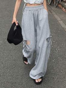 DAZY Women's Casual Versatile Loose Hollow Out Long Pants - Grey - View 5