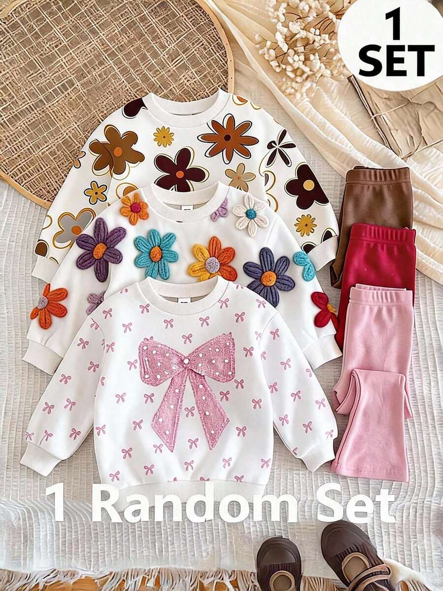 SHEIN 女童圓領長袖運動衫與內搭褲休閒套裝 - 彩色 - 查看 1
