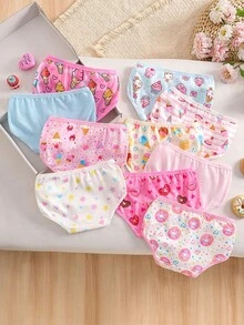 SHEIN 5件組隨機盲盒女童幼兒內褲，可愛甜點印花組合系列，含冰淇淋、棒棒冰、甜甜圈、蝴蝶結元素，粉色、淺藍色、白色、深粉色、米色色調，柔軟光滑觸感，針織布料製成，高彈性內褲套裝，適合四季穿著 - 彩色 - 查看 2