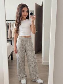 SHEIN Tween女孩秋冬休閒時尚街頭豹紋寬腿褲，適合休閒外出與日常穿著 - 灰色 - 查看 4
