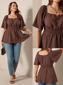 Comfylo Off-Shoulder Square Neck 2-Way Wear Flowy Hem Plus Size Blouse - Brown - View 1