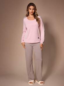 Lazeform Women's Casual Ribbed Colorblock Patchwork Raglan Sleeve Patch Decor Long Sleeve Long Pants Loungewear Set - Multicolor - View 6