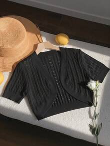 SHEIN EZwear 女款黑色短版多功能短袖針織上衣 辦公室早午餐夏季優雅款 - 黑色 - 查看 6
