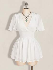 SHEIN ICON 女款夏季黑色極簡純色V領荷葉袖收腰迷你洋裝 - 白色 - 查看 7