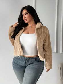 SHEIN SXY Khaki Fur Trim Metal Buckle Decor Short Slim Fit Jacket Winter - Khaki - View 4