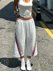 Muchica Women's Elastic Waist Pocket Colorblock Casual Versatile Daily Travel Sports Shorts Football Jersey Gym, Workout, Y2K Back To School,Grunge & Punk - Grey - View 2