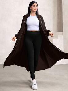 Graceveil Women's Autumn And Winter Outfit Simple Daily Solid Color Stand Collar Front Zipper Lantern Sleeves With Belt Long Abaya Robe Dress - Coffee Brown - View 6